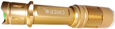 Nflight Cree T6 LED 350lm Rotary Zoom Adjustable LED Flashlight Torch Golden +5 Modes (High/middle/low/strobe/emergency) +Distance 200-500 M for Portable, Camp, Hike,travel (With Battery + Charger)