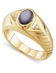 Jewelplus Genuine Black Star Sapphire & Diamond Gents Ring 14K Yellow 08.00X06.00 Mm