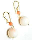 Fish Hook Earring with Natural Color Pink Coral and Natural Color White Coral Bead, 18k Yellow Gold