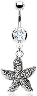 14g Dangling Vintage Inspired Casted Starfish Sexy Belly Button Navel Ring Dangle Body Jewelry Piercing with Surgical Steel Bar 14 Gauge 3/8" 7Z ACC Body JewelryTM