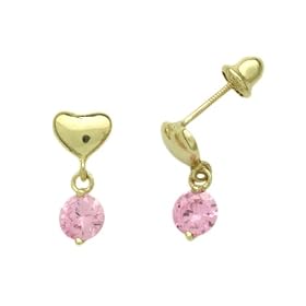 14K Gold Stud Earring CZ Heart With Pink Drop Yellow Gold Earring With Screw Back For Kids & Teens