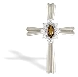 14K White Gold Genuine Marquise Smoky Quartz and Diamond Cross Pendant