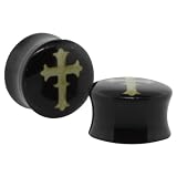 Pair 5/8" (16mm) - Black Acrylic Double Flared Ear Plugs with Gothic Cross Inlay