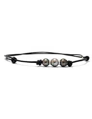 POEMANA perles de culture Adjustable Black Leather Necklace With 3 Baroquetahitian Pearls