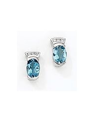 14K White Gold Oval Blue Topaz and Diamond Earrings