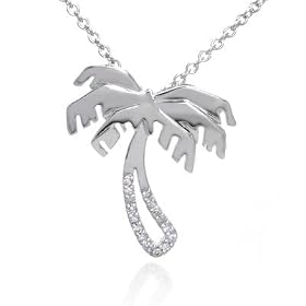 14K White Gold Diamond Palm Tree Pendant w/ Necklace by Necklaces Diamond
