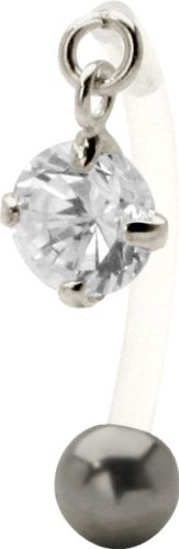 Large Prong Set Cubic Zirconia - 925 Sterling Silver & Bioplast Upper Dangle Belly Ring