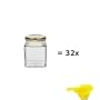 32 Mini-Marmeladengl�ser f�r 50 ml. / f�r Konfit�ren, �le, Salz, Gew�rze, etc. - inkl. einem gelben Einf�lltrichter