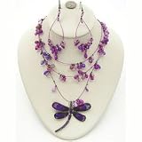 Purple Color Enamel & Austrain Rhinestone Dragonfly Bead Wire Necklace and Earrings Set