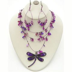 Purple Color Enamel & Austrain Rhinestone Dragonfly Bead Wire Necklace and Earrings Set
