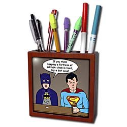  Rich Diesslins Funny General Cartoons - Super Hero Parody with Batman and Superman at the bar - Tile Pen Holders-5 inch tile pen holder