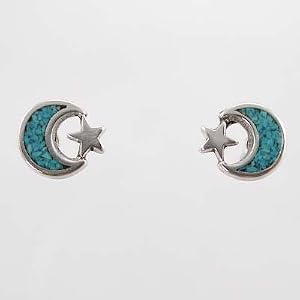 Tiny Round Moon & Star Stud Earrings in Sterling Silver with Turquoise Chip Inlay, #9509