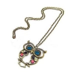 Lange Retro Vintage Halskette Kette mit süßem Eulen-Anhänger mit blauen Augen