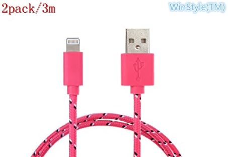 WinStyle(TM) DIY 2 Pack 10feet 3m Ruggedized Braided Fabric Design High Quality Extra Long Lightning to USB Cable/8 Pin to USB Cable Charge and Sync for Apple iPhone 6 6 Plus 5S, 5C, 5, Ipad Air, Ipad 4, Ipad Mini and other Lightning connector Devices-HotPink