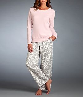 Dearfoams Thermal and Leopard Flannel Pajama Set, L, Cradle Pink