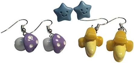 3 Super Cute Pairs of Kawaii Girls Mushrooms, Bananas and Blue Stars Earrings from Jenna Lyn
