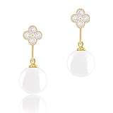 18k Yellow Gold Plated White Shell Pearl with Cubic Zirconia Clover Drop Earrings (9-9.5 mm) by ORROUS & CO