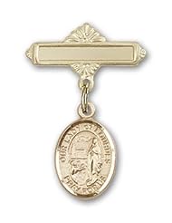 14K Gold Baby Badge with Our Lady of Lourdes Charm and Polished Badge Pin