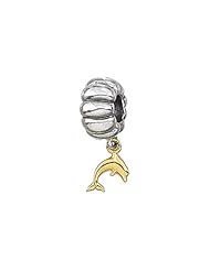 Zable (tm) 14k Dolphin Dangle Bead / Charm in 925 Silver and 14k Yellow Gold