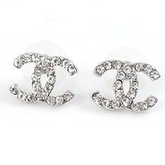 TI-CC - MEDIUM DIAMOND STUDS:Doppel-c, von mittlerer Gr��e, silberne Platte Ohrstecker mit Diamanten Swarovski-Kristalle gesetzt, 9mmx 12mm - von Utopia� London,Paris,NY