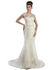 Spring Summer Fall Mermaid Cap Sleeves Scoop Neck Applique  Lace Crystal  Dress with a Court Train  With a Ribbon  and Rhinestones and a Sash 