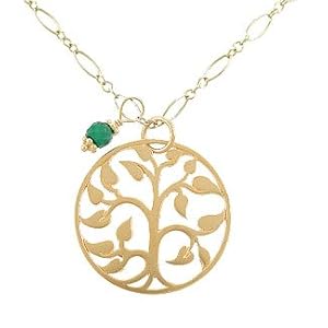 Round Gold Vermeil Family Tree of Life Pendant with Emerald Gemstone Bead on 26" Gold Fill Link Necklace, #7882