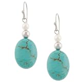 Sterling Silver Turquoise Oval Bead and White Pearl Drop Earrings