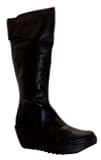 Fly London Womens Yule Black Velcro Mid Calf Wedge Heel Boots