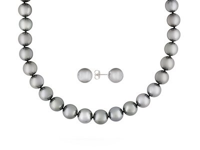 14KT WG 10-12MM CULTURED TAHITIAN PEARL AND DIAMOND ACCENT NECKLACE AND EARRINGS SET