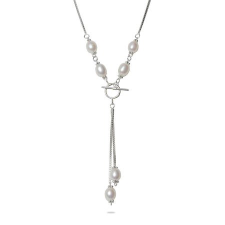 Eve's Addiction White Freshwater Pearl Sterling Silver Lariat Necklace