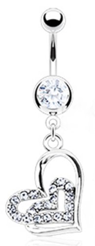 14g Dangling Loop Heart Sexy Belly Button Navel Ring Dangle Body Jewelry Piercing with Clear Gems and Surgical Steel Bar 14 Gauge 3/8" Nemesis Body JewelryTM