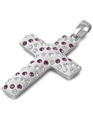 Sterling Silver Pink Ice Clear CZ Cross Pendant Faith Charm Pure 925 New 30mm with 0.8mm Snake Chain