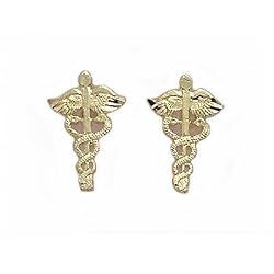14K Gold Caduceus Earrings Nurse Medical Jewelry 12mm
