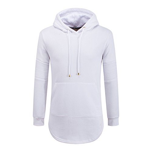 OLRIK Mens Hipster Hip Hop ELong Pullover Hoodie Shirts White M