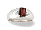14K White Gold Genuine Emerald-cut Garnet and Diamond Men's Ring