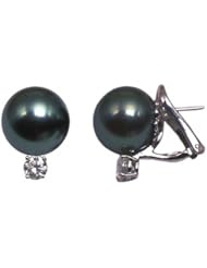 18K white gold 15mm Black Tahitian cultured pearl and diamond 1.5 t.d.w. earring