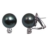 18K white gold 15mm Black Tahitian cultured pearl and diamond 1.5 t.d.w. earring