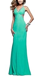 Sexy V-neck Cocktail Chiffon Belted Beaded Open-Back Evening Dress/Party Dress 