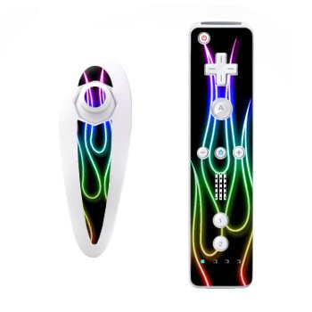 Rainbow Neon Flames Design Nintendo Wii Nunchuk + Remote Controller Protector Skin Decal Sticker