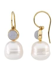 Jewelplus South Sea Cultured Circle Pearl & Genuine Chalcedony Earrings 14K Yellow Pair 06.00Mm/12.00Mm Fine Cir