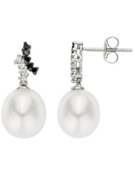 8.5-9mm Freshwater Pearl, Black & White Diamond 14K White Gold Earrings By Michiko