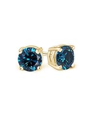 2 ct Enhanced Solitaire Blue Diamond Stud Earrings in Yellow Gold Quality Best