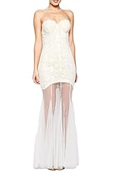 Sexy Strapless Bandeau Neck Polyester/Spandex Sheer Lace Cocktail Floral Print Mermaid Maxi Dress 