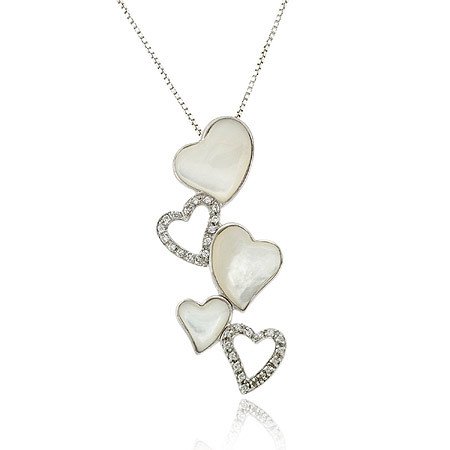 Sterling Silver Mother of Pearl & CZ Floating Hearts Necklace