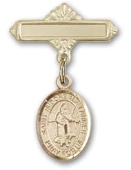 Gold Filled Baby Badge with St. Isidore the Farmer Charm and Polished Badge Pin