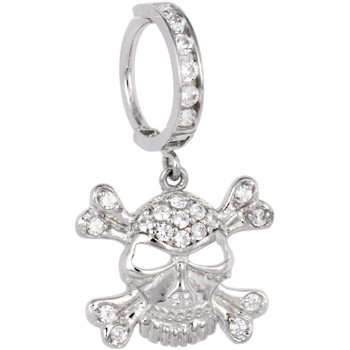 Solid 14KT White Gold Cubic Zircnoia SKULL CROSSBONES Hoop Belly Ring