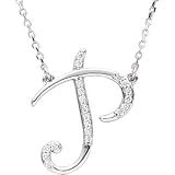 14k White Gold Diamond P Alphabet Initial Script Letter Necklace (GH Color, I1 Clarity, 1/10 Cttw)