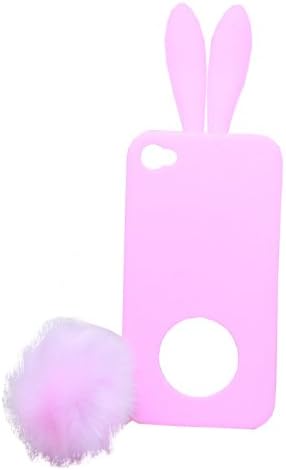 3D Cartoon Pink Bunny With A Fuzzy Tail Soft Case Silicone Cover Skin Handle For iPhone 4 4S