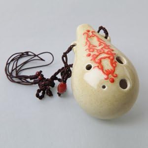 Hulu 6 Holes Alto C Beige Glazed W/red Sign Ceramic Ocarina - Great Gift. Linn's Arts!