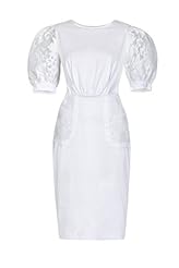 Spring Summer Puff Sleeves Cotton/Spandex Lace Midi Dress 